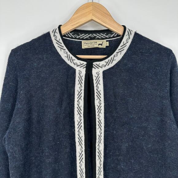 Peruvian Link Feather Cardigan Baby Alpaca Contrast Trim Fuzzy Crew Neck Sweater - Picture 3 of 12